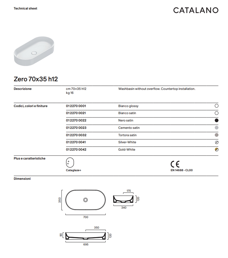 Раковина Catalano Zero 70x35 0122700001